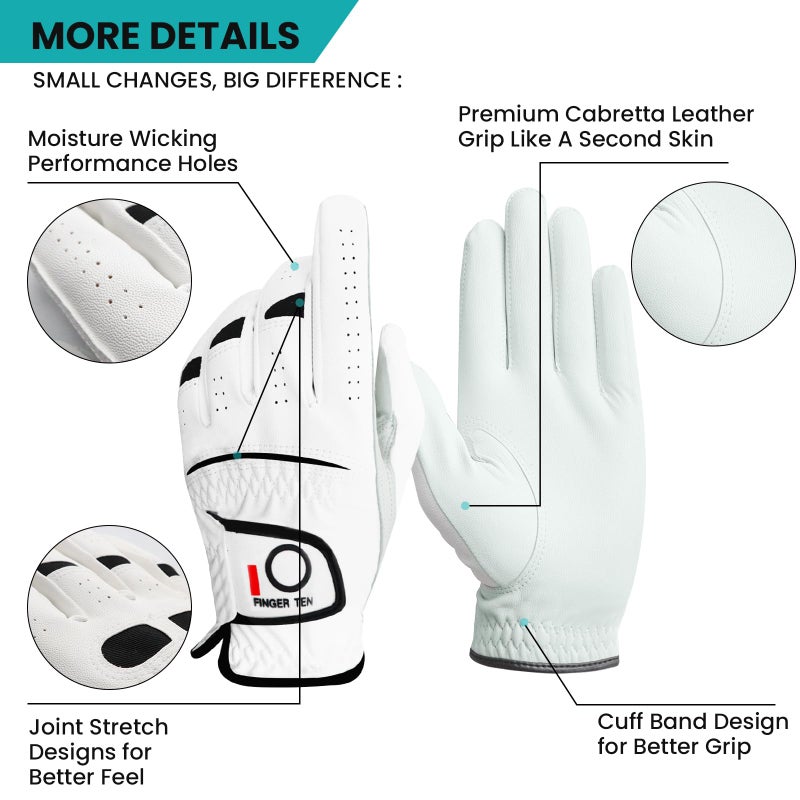 FINGER TEN Golf Gloves Men Right Left Handed Golfer Menâ€™s Golf Glove Lh Rh Hand Value 3 Pack, All Weather Leather Grip Small Medium ML Large XL Size (3 Pack, Large, Left) - Image 3